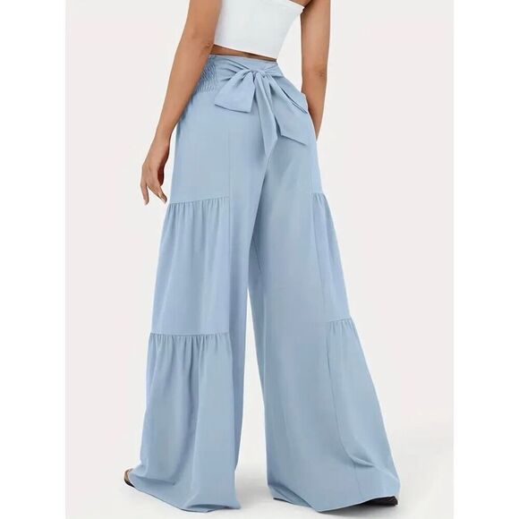 NWT Gorgeous Sz. L High Waisted Blue Tie Front/Back Wide Leg Flowy Tiered Pants - Picture 4 of 12